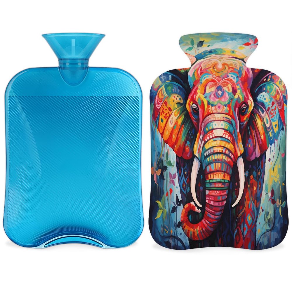 YPPAHHHH 2L Hot Water Bottle with Soft Cover Oil Painting Art Elephant Print Reusable Hot & Cold Therapy Bag for Pain Relief Menstrual Cramps, Feet Warmth Winter Gift