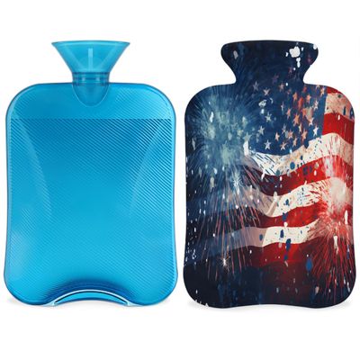 YPPAHHHH 2L Hot Water Bottle with Soft Cover USA Flag Firework Independense Day Reusable Hot & Cold Therapy Bag for Pain Relief Menstrual Cramps, Feet Warmth Winter Gift