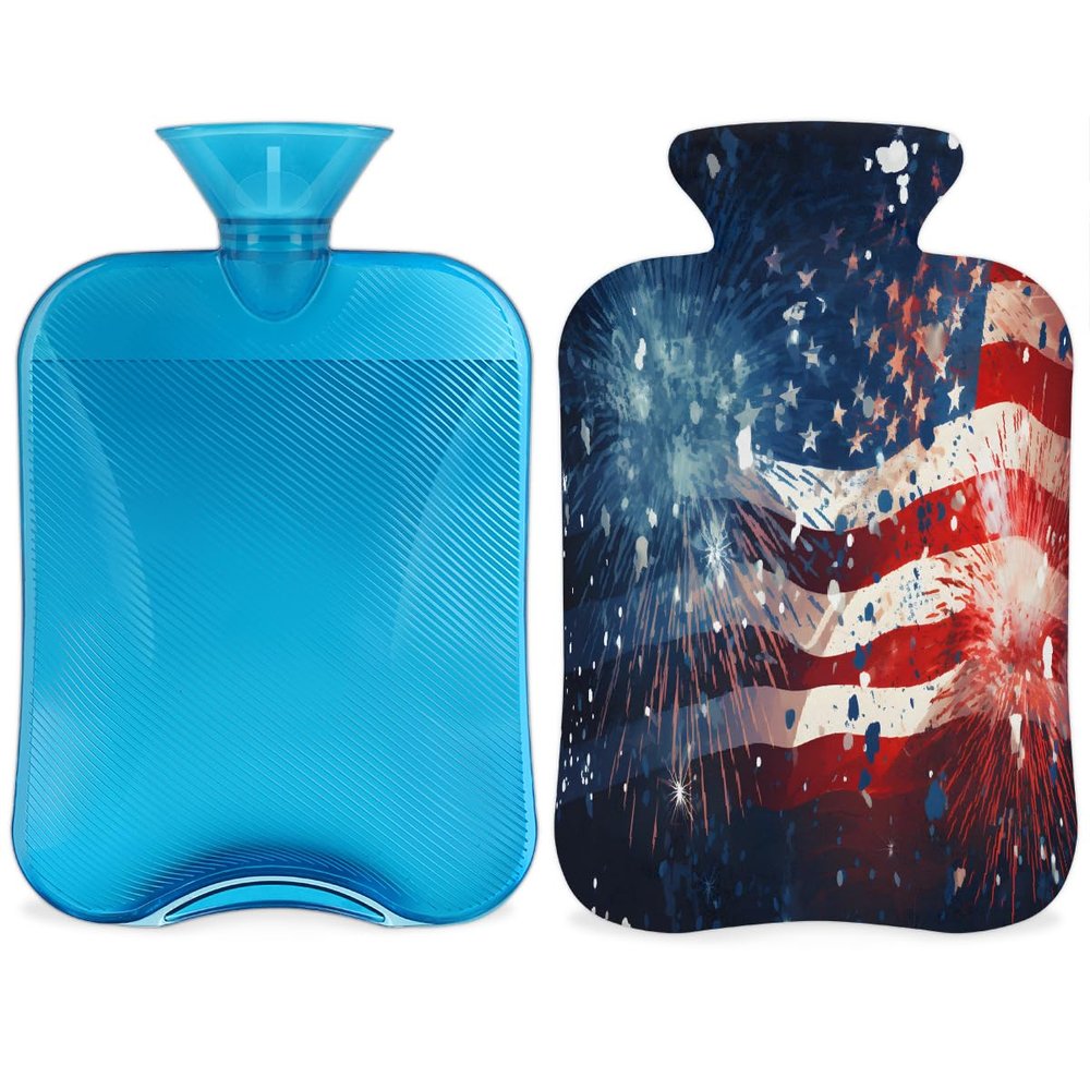 YPPAHHHH 2L Hot Water Bottle with Soft Cover USA Flag Firework Independense Day Reusable Hot & Cold Therapy Bag for Pain Relief Menstrual Cramps, Feet Warmth Winter Gift