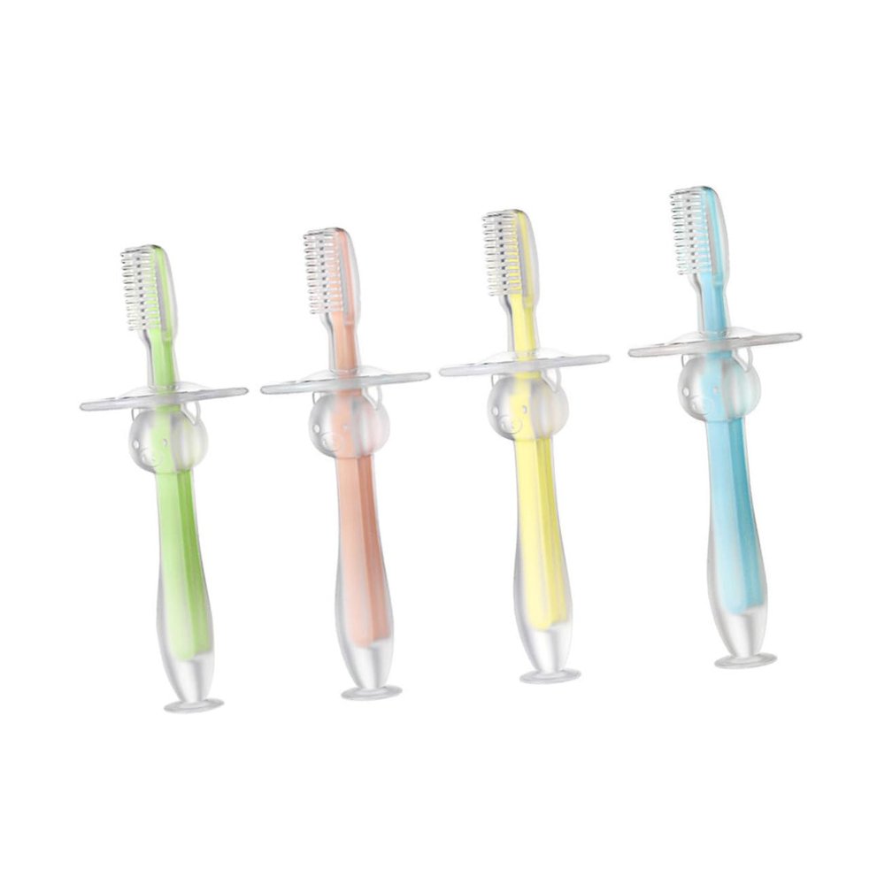 GANAZONO 4pcs Silicone Toothbrush with Suction Standable Base Soft Bristles Training Brush for Gum Relief Safe Chewing Teether in Blue Pink Green Yellow