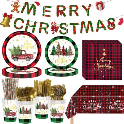 LAIAMER 194 Pcs Christmas Paper Plates & Napkins Sets,Christmas Dinnerware/Tableware Disposable Sets Including Cups Straws Plastic Cutlery Banner Tablecloth for Xmas Party Supplies,Serves 24 Guests