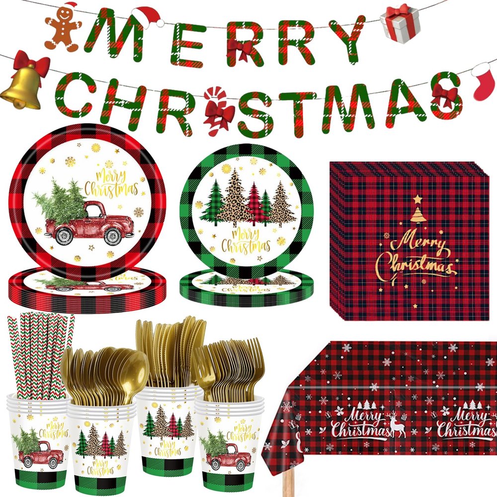 LAIAMER 194 Pcs Christmas Paper Plates & Napkins Sets,Christmas Dinnerware/Tableware Disposable Sets Including Cups Straws Plastic Cutlery Banner Tablecloth for Xmas Party Supplies,Serves 24 Guests