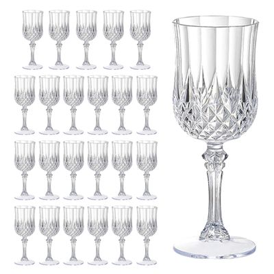 JUSONEY Vintage Plastic Wine Glasses,Crystal Textured Plastic Goblets,Disposable Wine Glasses for Parties,Weddings,Elegant Events(24pcs-Clear)