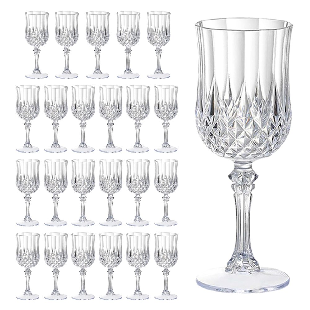 JUSONEY Vintage Plastic Wine Glasses,Crystal Textured Plastic Goblets,Disposable Wine Glasses for Parties,Weddings,Elegant Events(24pcs-Clear)