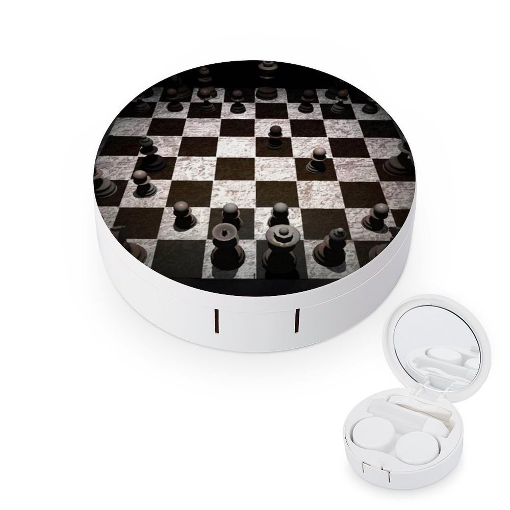 FodPand International Chess Contact Lens Case,Compact Portable Circle Contacts Lenses Case with Mirror Tweezers Contacts Lenses Container for Travel Daily Life