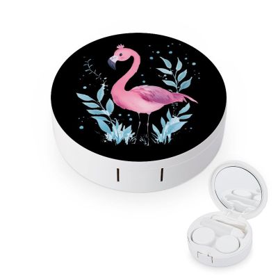 Blue Leaves Flamingo Contact Lens Case Portable Travel Box Holder with Mirror