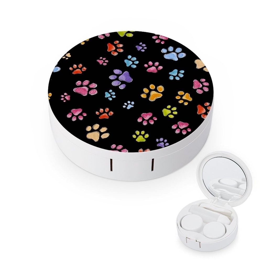 FodPand Pawful Paws Print Contact Lens Case,Compact Portable Circle Contacts Lenses Case with Mirror Tweezers Contacts Lenses Container for Travel Daily Life