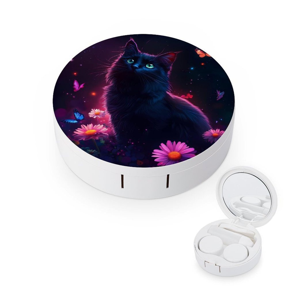 Black Cat Daisy Butterflies Contact Lens Case Portable Travel Box Holder with Mirror