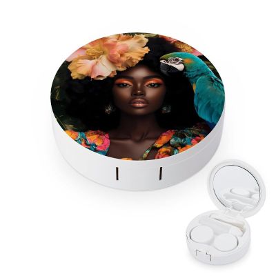 African USA Woman Contact Lens Case Portable Travel Box Holder with Mirror