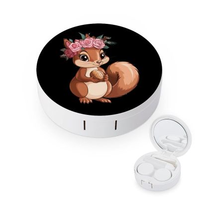 Cute Squirrel with Flowers Contact Lens Case Portable Travel Box Holder with Mirror