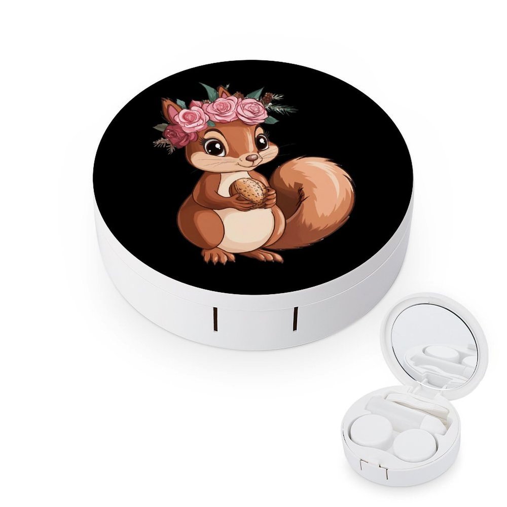 Cute Squirrel with Flowers Contact Lens Case Portable Travel Box Holder with Mirror