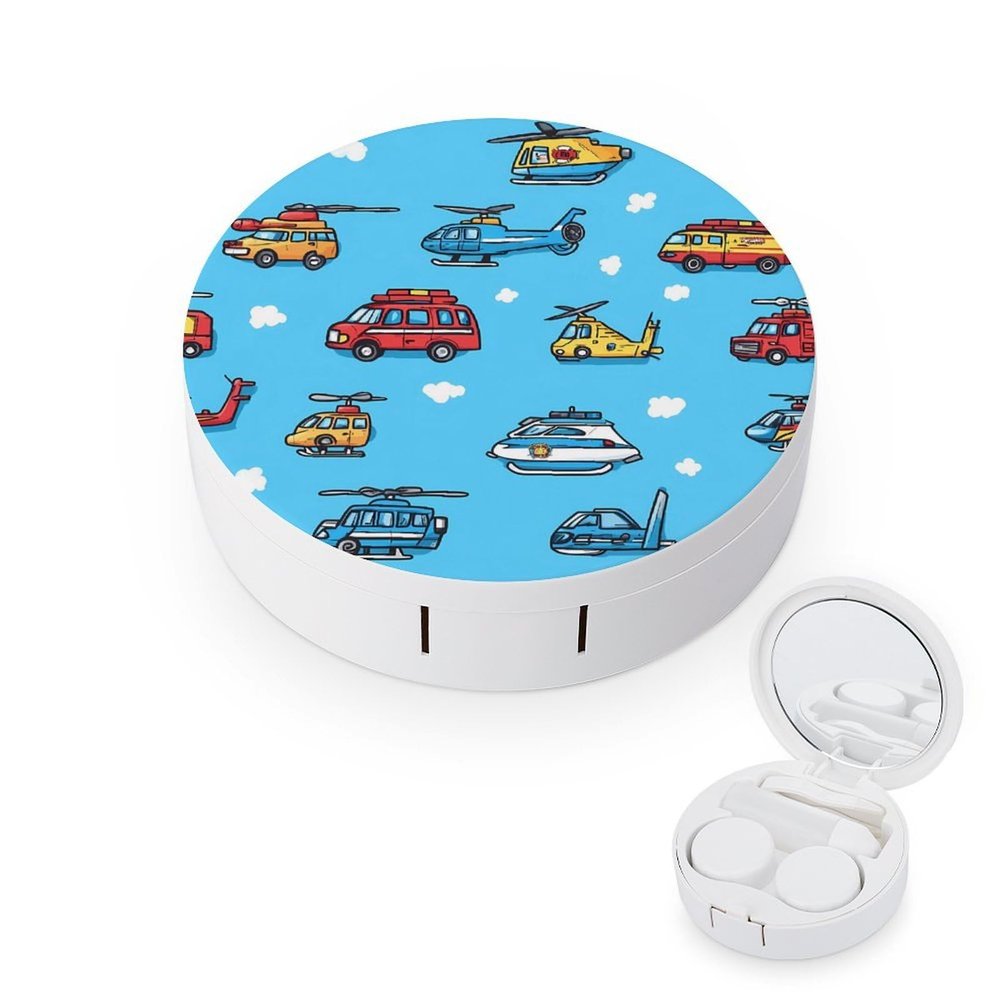 Fire Truck Helicopter Contact Lens Case Portable Travel Box Holder with Mirror