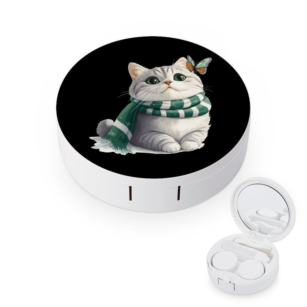Cat Butterfly Contact Lens Case Portable Travel Box Holder with Mirror