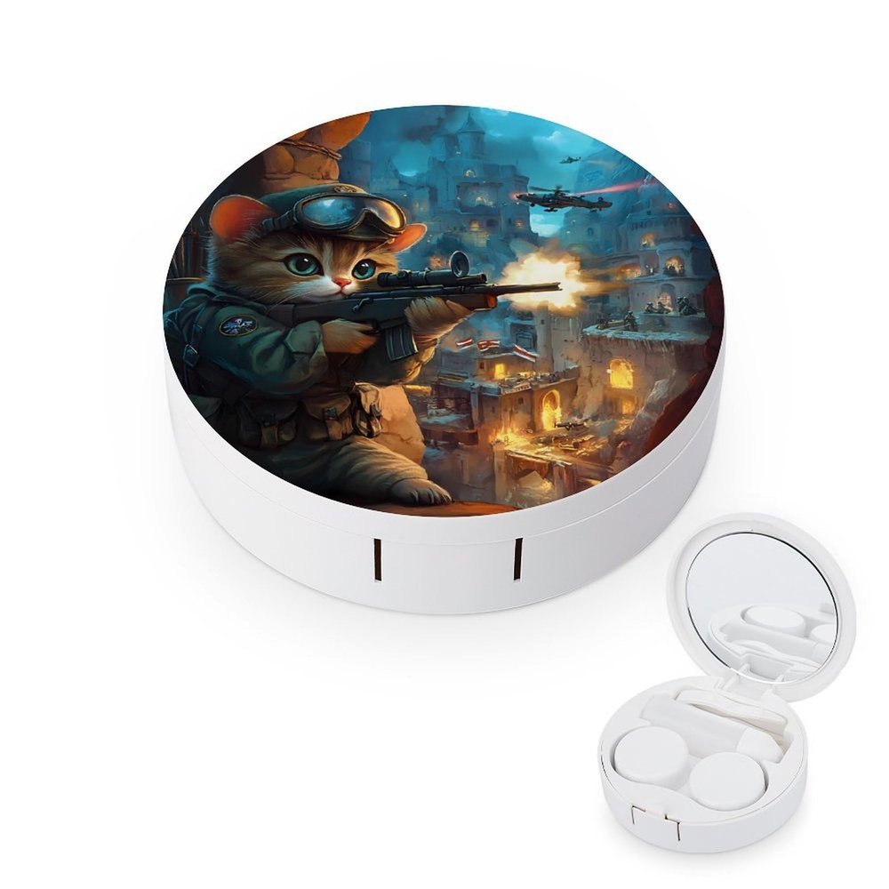 Cat Contact Lens Case Portable Travel Box Holder with Mirror