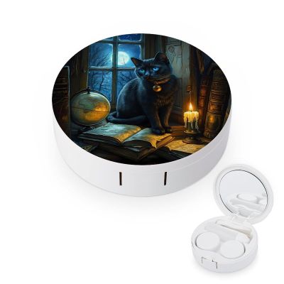 Black Cat Contact Lens Case Portable Travel Box Holder with Mirror
