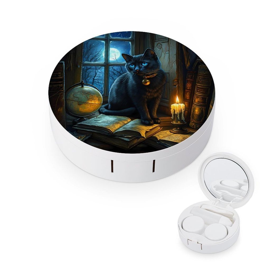 Black Cat Contact Lens Case Portable Travel Box Holder with Mirror