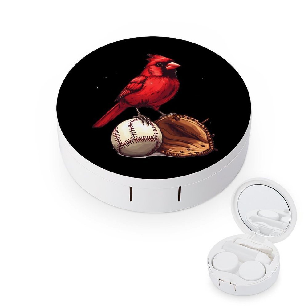 Red Cardinal Baseball Contact Lens Case Portable Travel Box Holder with Mirror