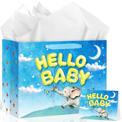 Neptniopllab Elephant Baby Gift Bag with Tissue Paper and Greeting Card, Blue Baby Shower Wrapping Paper Bag for Baby Boy&Girl Kids Birthday Party,Newborn,New Moms or Parents