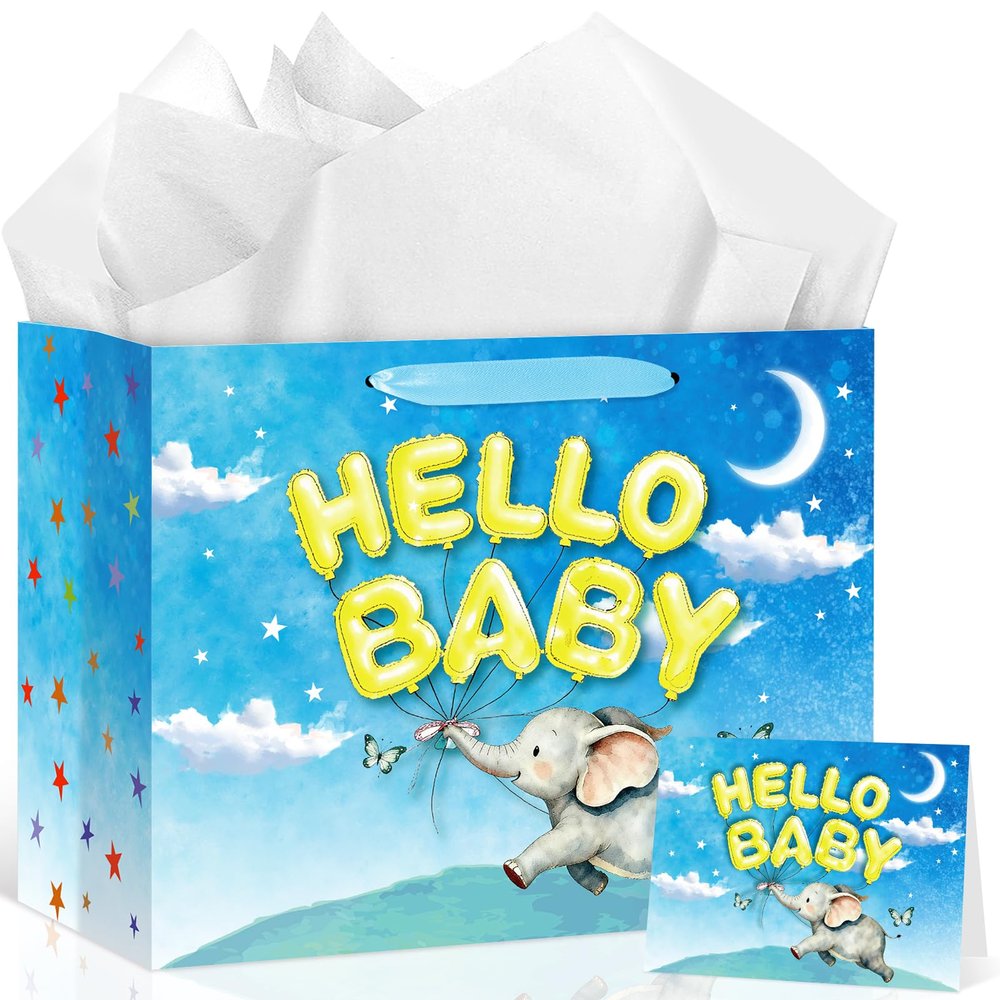 Neptniopllab Elephant Baby Gift Bag with Tissue Paper and Greeting Card, Blue Baby Shower Wrapping Paper Bag for Baby Boy&Girl Kids Birthday Party,Newborn,New Moms or Parents