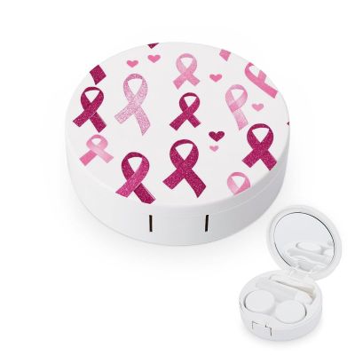 Breast Cancer Awareness Ribbon Contact Lens Case Portable Travel Box Holder with Mirror