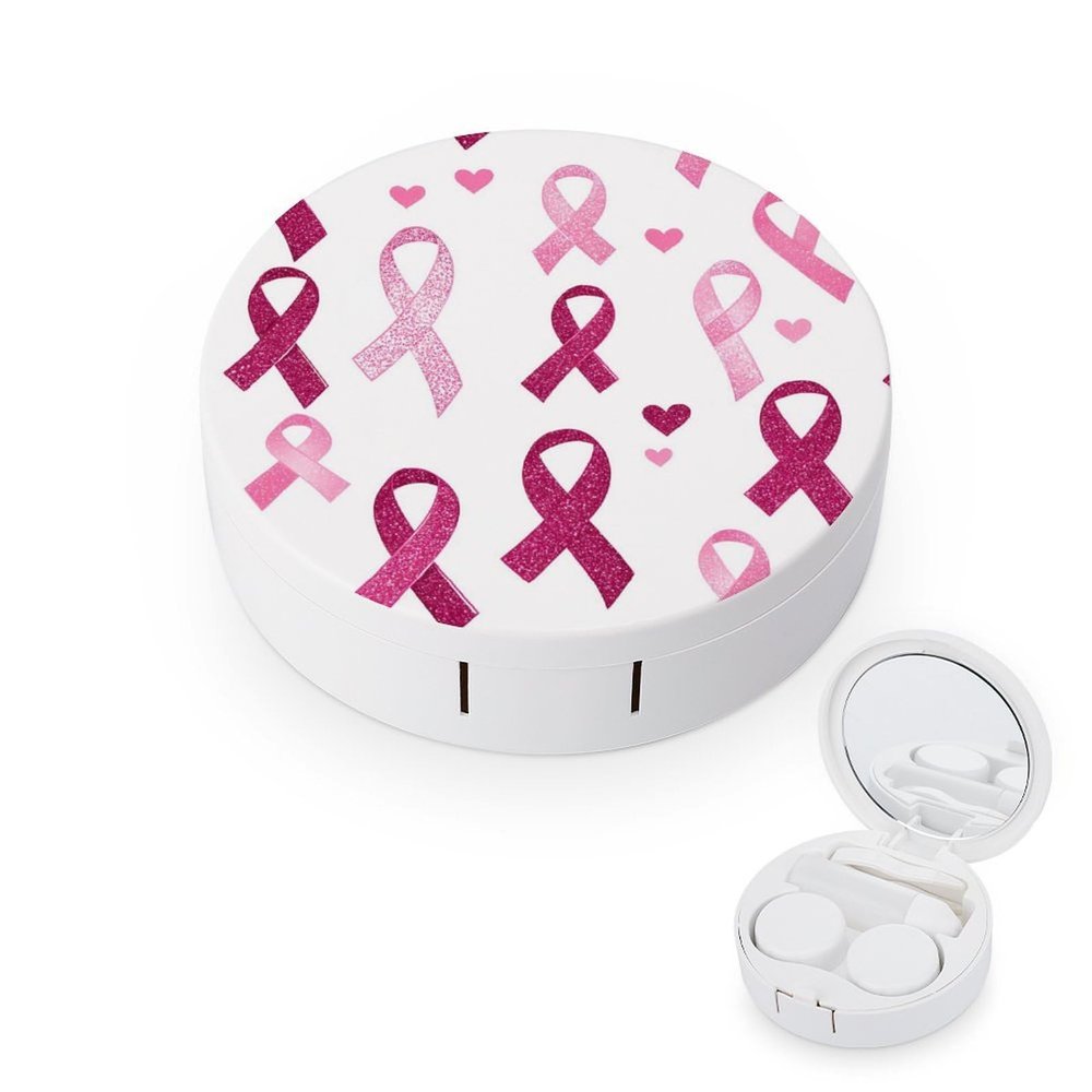 Breast Cancer Awareness Ribbon Contact Lens Case Portable Travel Box Holder with Mirror