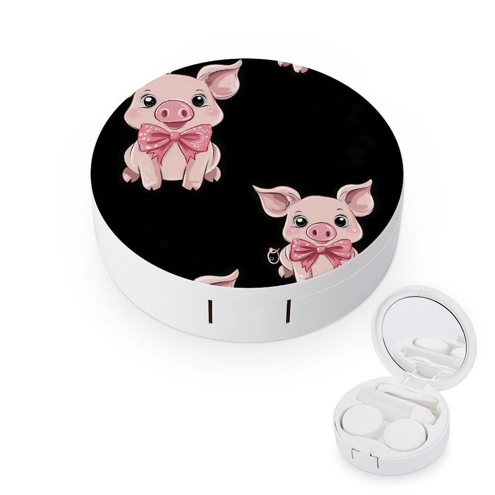 Bow Pigs Contact Lens Case Portable Travel Box Holder with Mirror