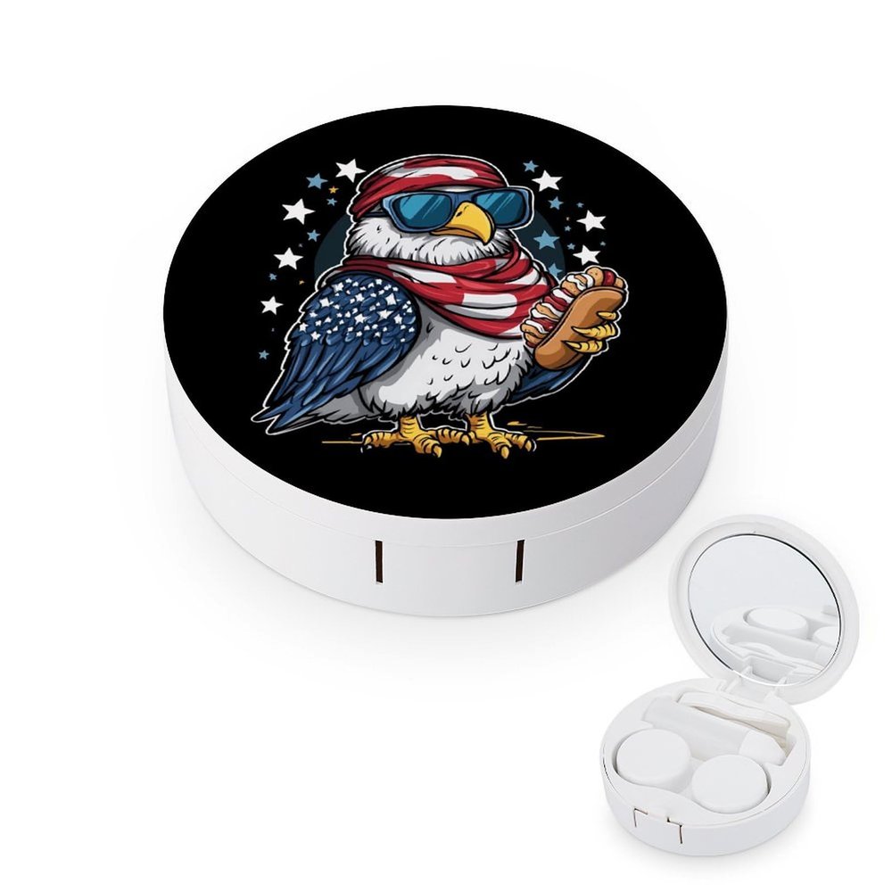 Bald Ea-gles Hotdog U.S Flag 4th Of July Contact Lens Case Portable Travel Box Holder with Mirror