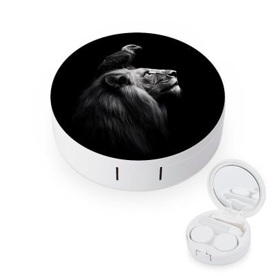 Black And White Lion Bald Ea-gles Contact Lens Case Portable Travel Box Holder with Mirror