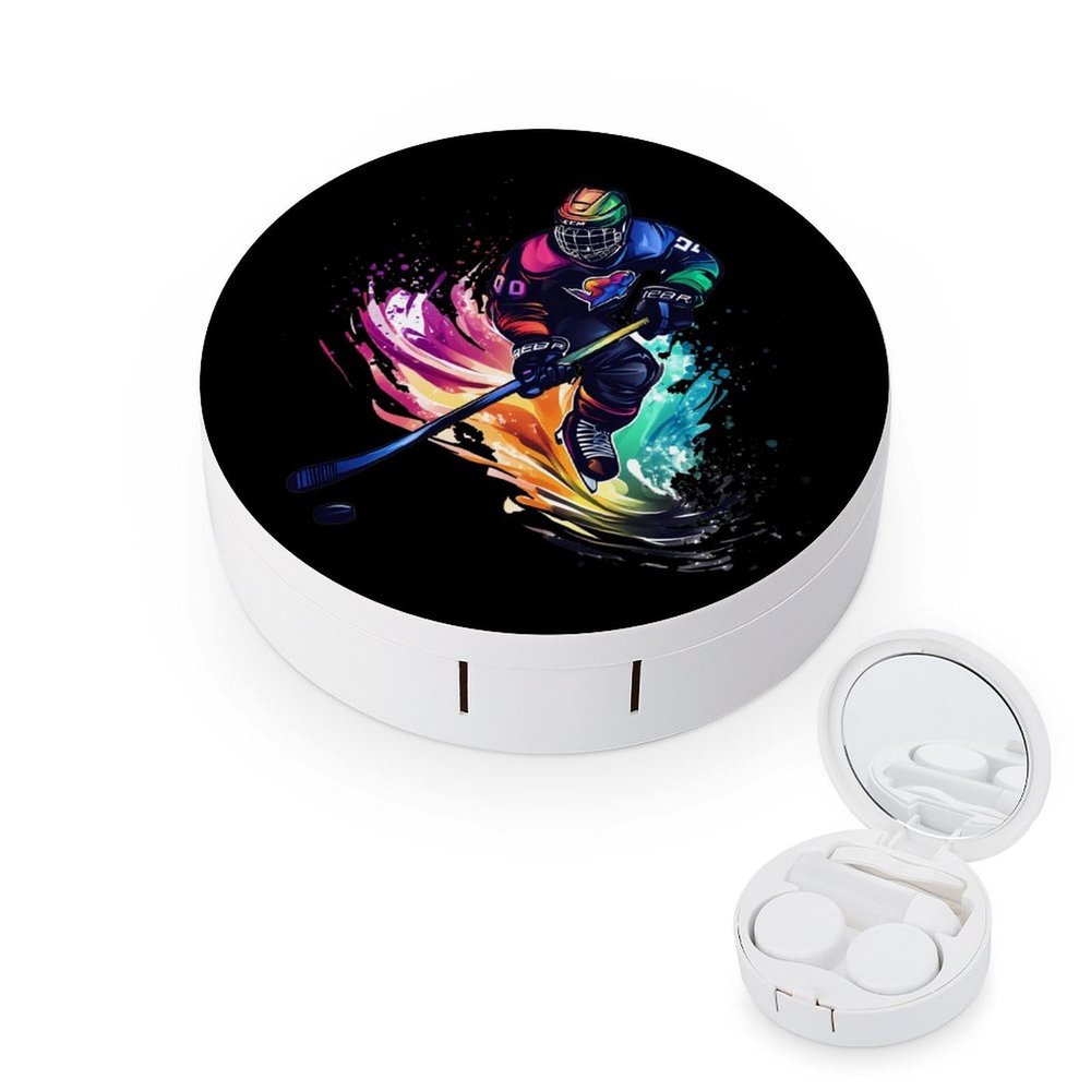 Colorful Ice Hockey Sports Contact Lens Case Portable Travel Box Holder with Mirror