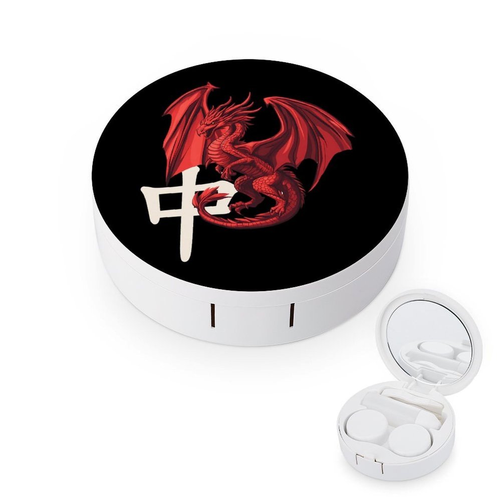 Dragon Tile Mahjong Contact Lens Case Portable Travel Box Holder with Mirror