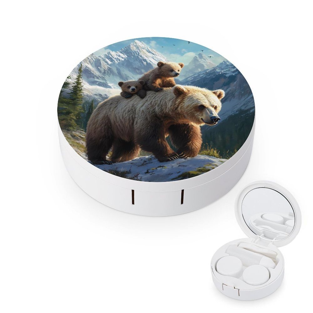 Bear Mama Wild Anima Contact Lens Case Portable Travel Box Holder with Mirror