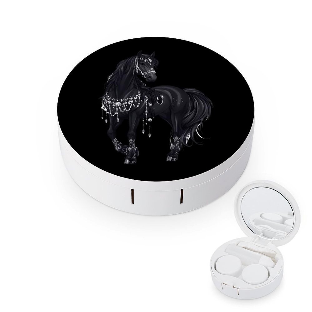 Black Arabian Horse Contact Lens Case Portable Travel Box Holder with Mirror