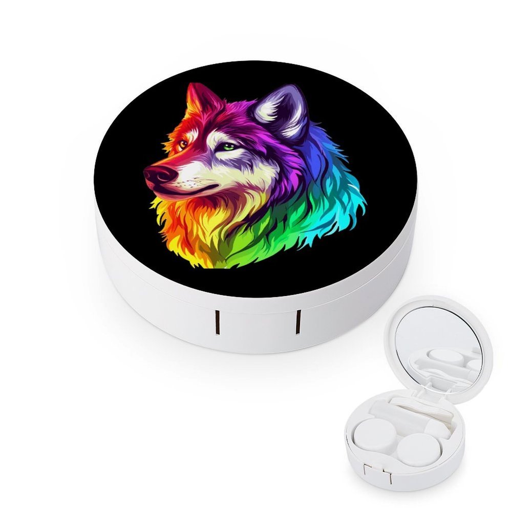 Colorful LGBT Wolf Contact Lens Case Portable Travel Box Holder with Mirror