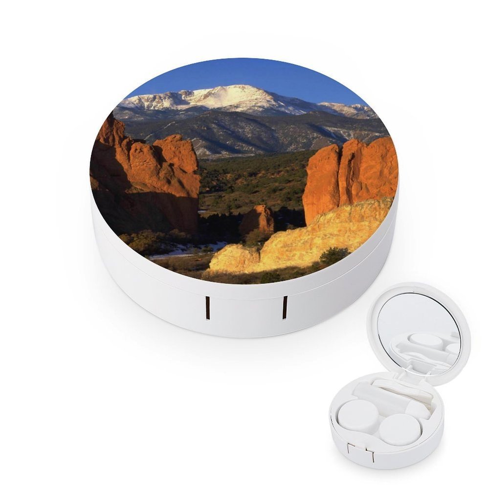 FodPand Pikes Peak Colorado Contact Lens Case,Compact Portable Circle Contacts Lenses Case with Mirror Tweezers Contacts Lenses Container for Travel Daily Life