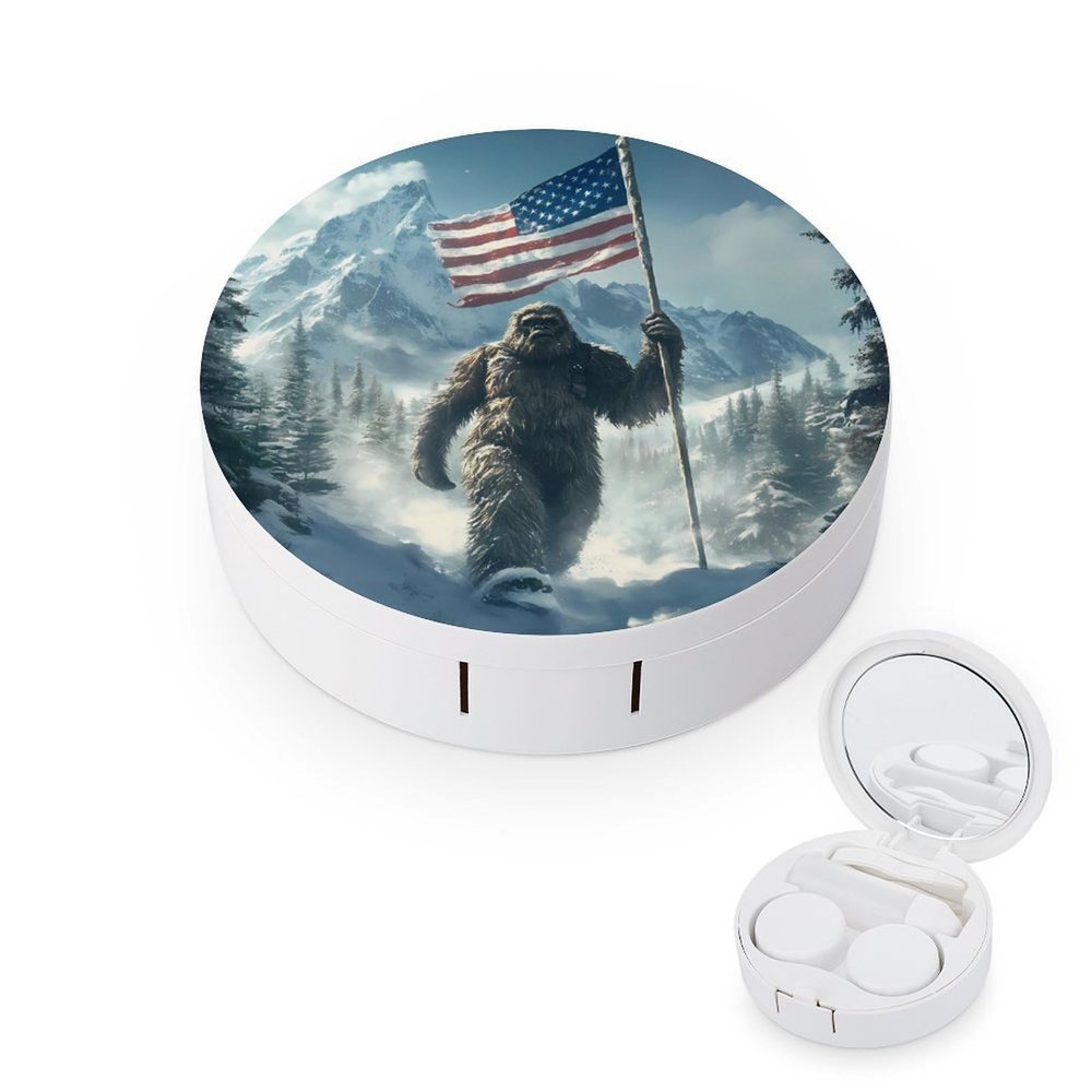 Bigfoot USA Flag Print Contact Lens Case Portable Travel Box Holder with Mirror
