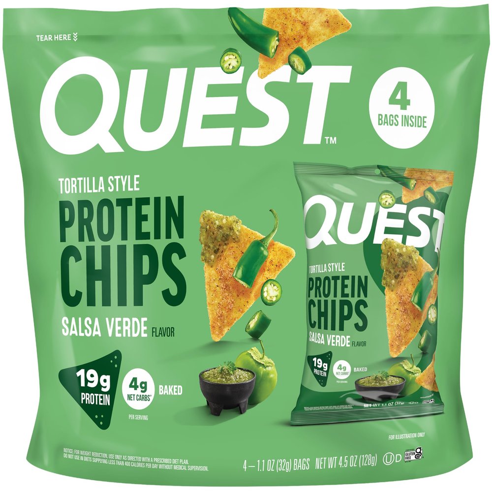 Quest Nutrition Tortilla Style Protein Chips, Salsa Verde, 19g of Protein, 4g Net Carbs, Gluten Free, 1.1 Ounce, 4 count
