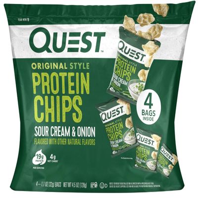 Quest Nutrition Sour Cream & Onion Protein Chips, 19g Protein, 4g Net Carbs, Low Carb, Gluten Free, 1.1 oz, 4 count