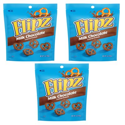 Flipz Milk Chocolate Covered Pretzels - Pack of 3-5 oz Bags - Perfect for Snacking on the go and Stocking the Pantry - Classic Taste Everyone is Sure to Love