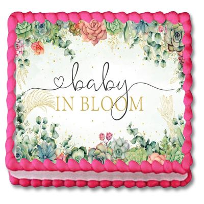 Baby In Bloom Succulent Theme Edible Image Cake Topper Baby Shower Frosting Sheet, Cake Decoration Sticker Decal 10" by 8"