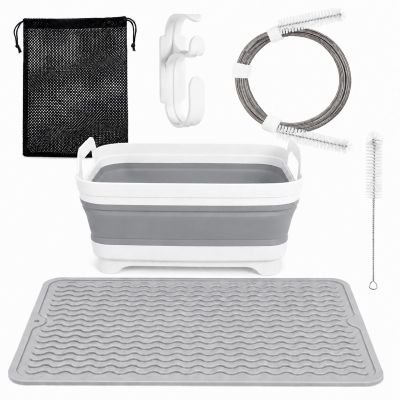CPAP Cleaning Kit with Collapsible Wash Basin, CPAP Hose Cleaning Brush for 22 mm & 15 mm Hoses, Drying Mat, Hook and Mesh Bag