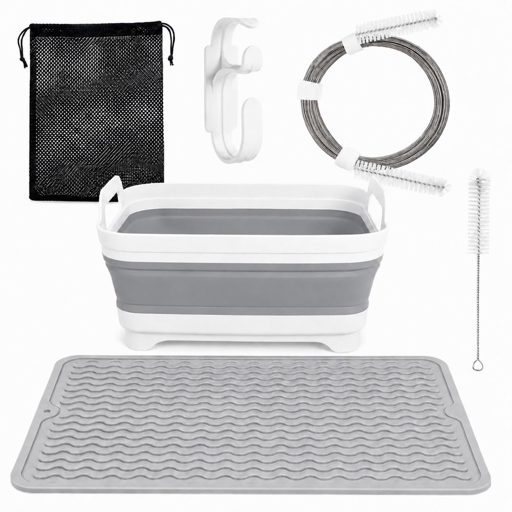 CPAP Cleaning Kit with Collapsible Wash Basin, CPAP Hose Cleaning Brush for 22 mm & 15 mm Hoses, Drying Mat, Hook and Mesh Bag