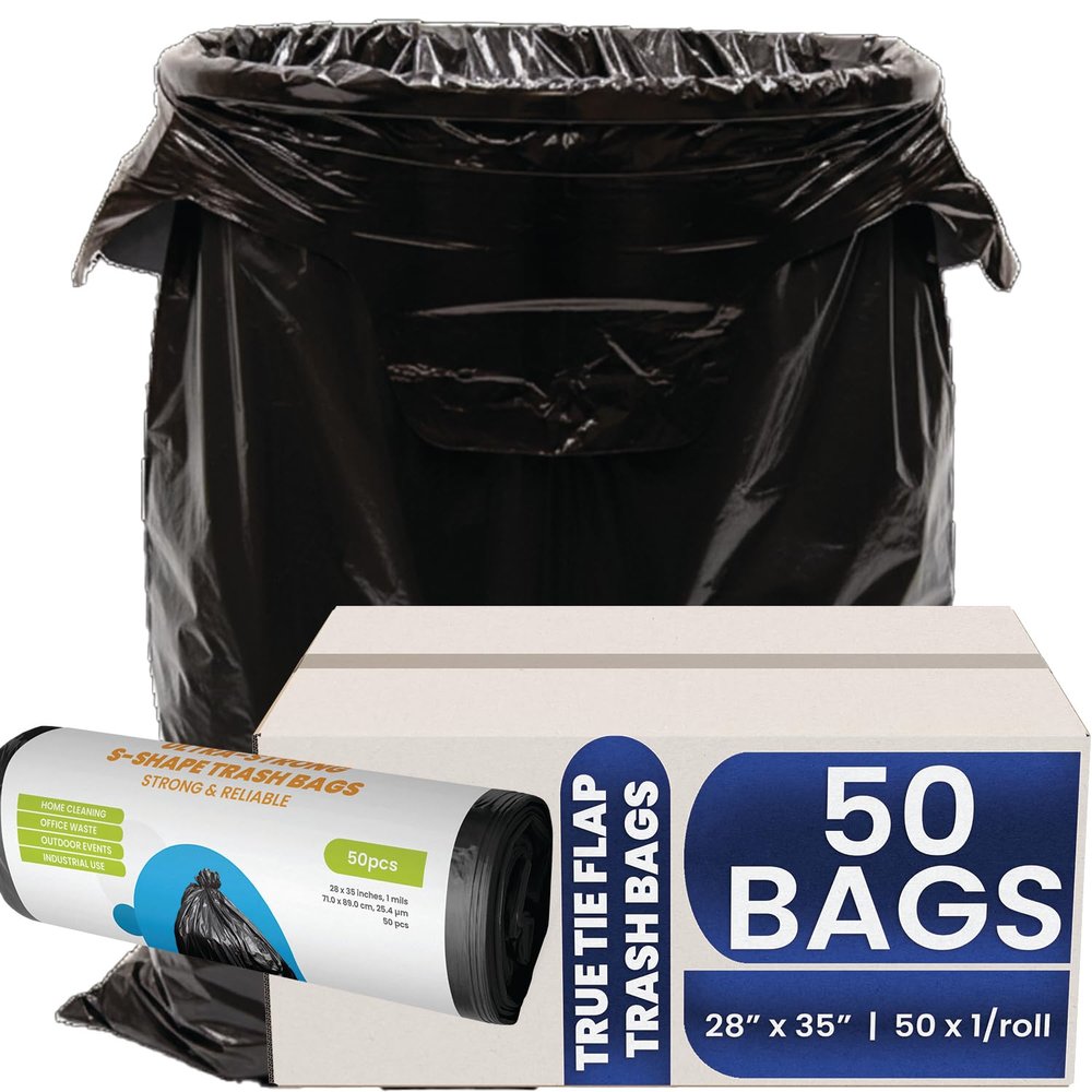 Melplas True Tie Flap (S-Cut) Trash Bags, 2835 Inches, 1 Mil Thick, 50 Count Heavy-Duty Black Garbage Bags with Easy-Tie Design, 25 Gallon Capacity, Leak-Proof & Tear-Resistant