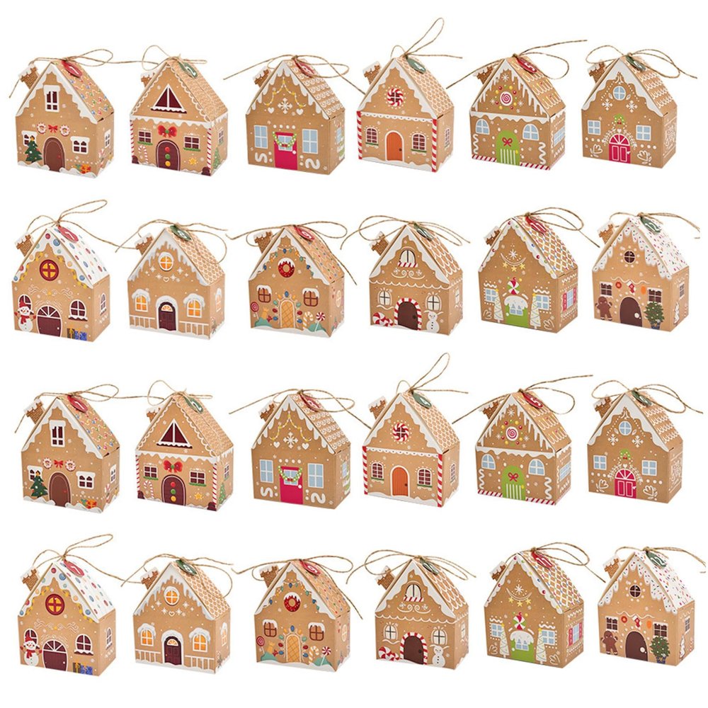 24PCS Christmas Boxes Paper Gingerbread House Empty Advent Calendar Boxes with Hanging Rope for Xmas Holiday Party Treat Cookie Snack, Home Dcor