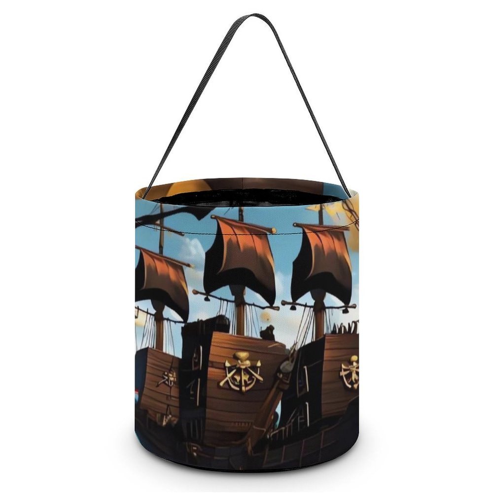 KMRHOUTIQ Halloween Tote Bag Cartoon Ship Trick Or Treat Bucket with Handle Large Goodie Candy Basket Reusable Grocery Shopping Gifts Tote Snack Bag for Party Favors Supplies