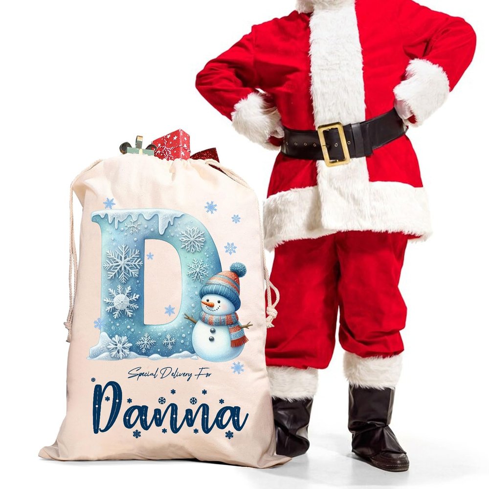 Artiglow Personalized Christmas Santa Sack, Custom Drawstring Canvas Gift Bag, for Xmas, Large Gift Wrapping Bags with Initial & Name For Kids Boys Girls, Large 27 Inches, Initial - Snow