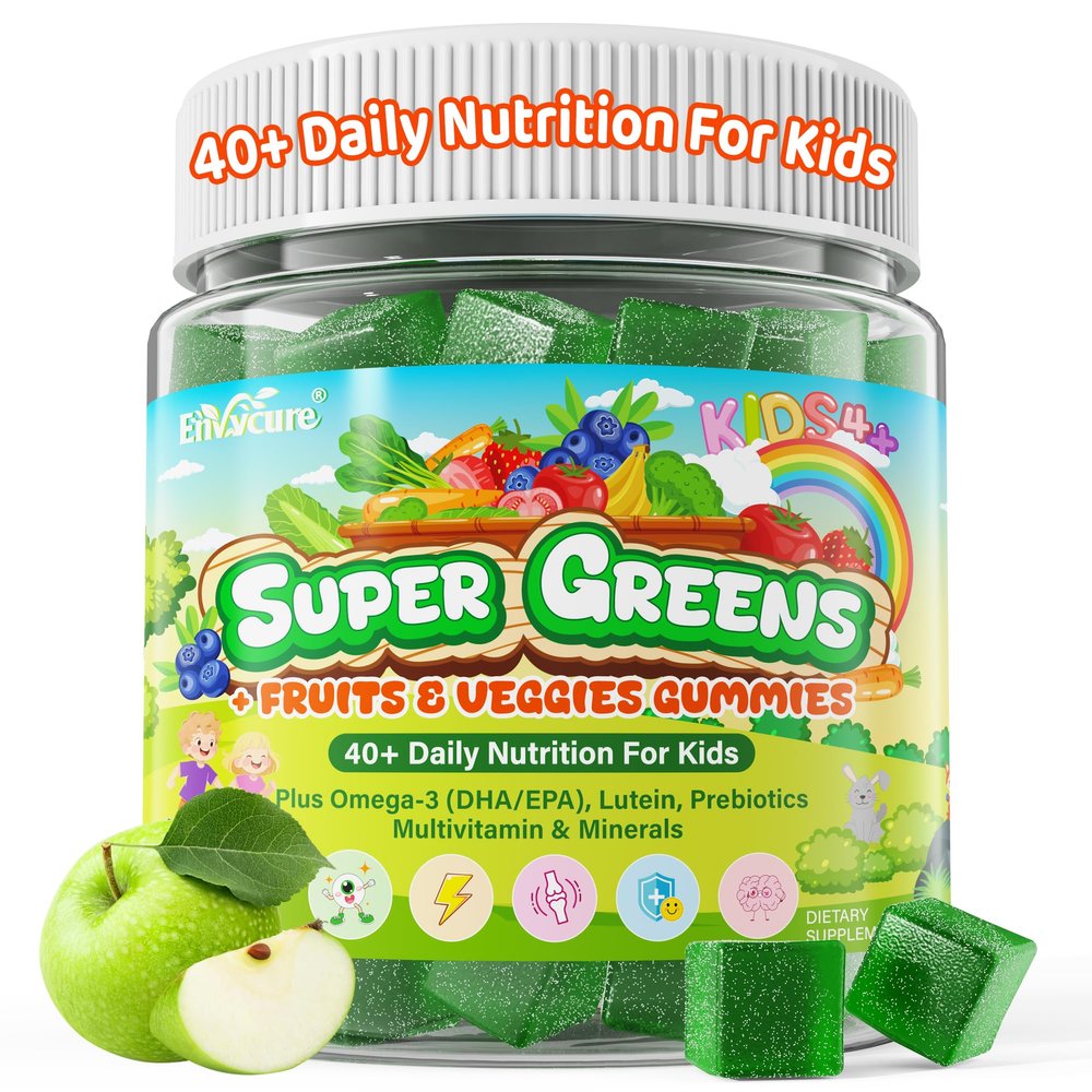 Kids Super Greens Gummies, w/Multivitamins, 20+ Veggie Fruit, Prebiotics, Calcium, Omega-3 (DHA/EPA), Kids Vitamins Greens Superfood Gummies for Picky Eater Growth, Energy, Immune, Digestion, 1 Pack