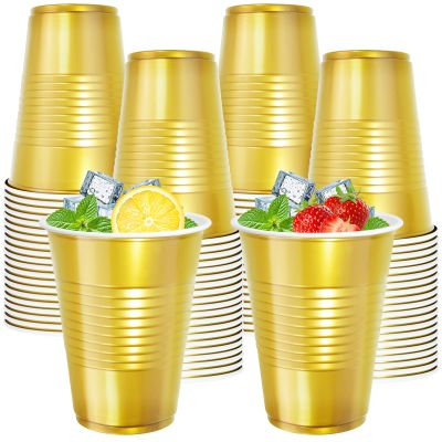 100pcs 16oz Plastic Solo Cups, Disposable Beverage Drinking Cups, Wine Glasses for Cocktail, Gold Cups Party Supplies for Wedding Party BBQGold
