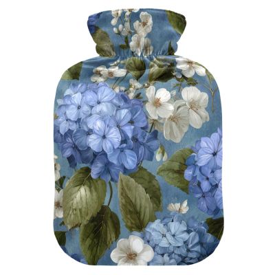 OTVEE Watercolor Blue White Hydrangea Flower Hot Water Bottle with Cover, BPA Free PVC 2L Large Hot Water Bag for Pain Relief Menstrual Cramp Sore Muscles Hot and Cold Compress Therapy