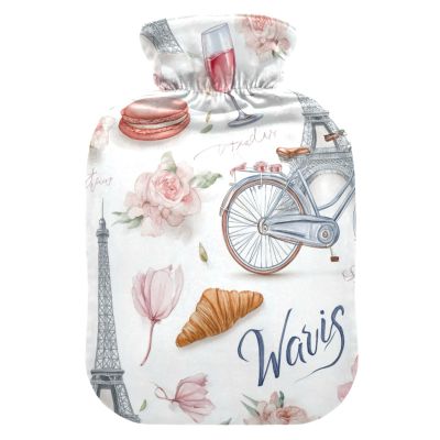 OTVEE Art Paris Tower Bike Hot Water Bottle with Cover, BPA Free PVC 2L Large Hot Water Bag for Pain Relief Menstrual Cramp Sore Muscles Hot and Cold Compress Therapy