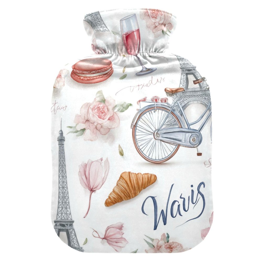 OTVEE Art Paris Tower Bike Hot Water Bottle with Cover, BPA Free PVC 2L Large Hot Water Bag for Pain Relief Menstrual Cramp Sore Muscles Hot and Cold Compress Therapy
